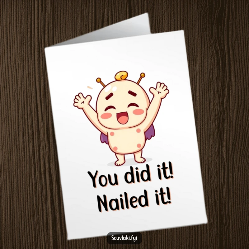 Funny free printable congratulations card with an ecstatic souvlaki character shouting with glee and arms flung wide in celebration.
