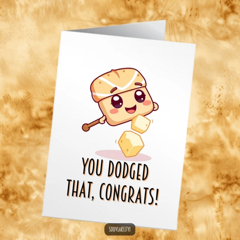 Funny Free Printable Congratulations Card: Souvlaki skewer giggling while dodging a feta cube.