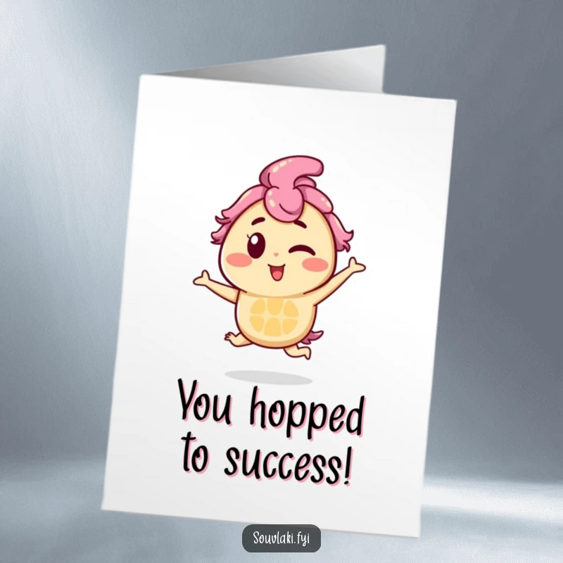 Funny Free Printable congratulations card: souvlaki character winking playfully while doing a cheerful hop, celebrating success.
