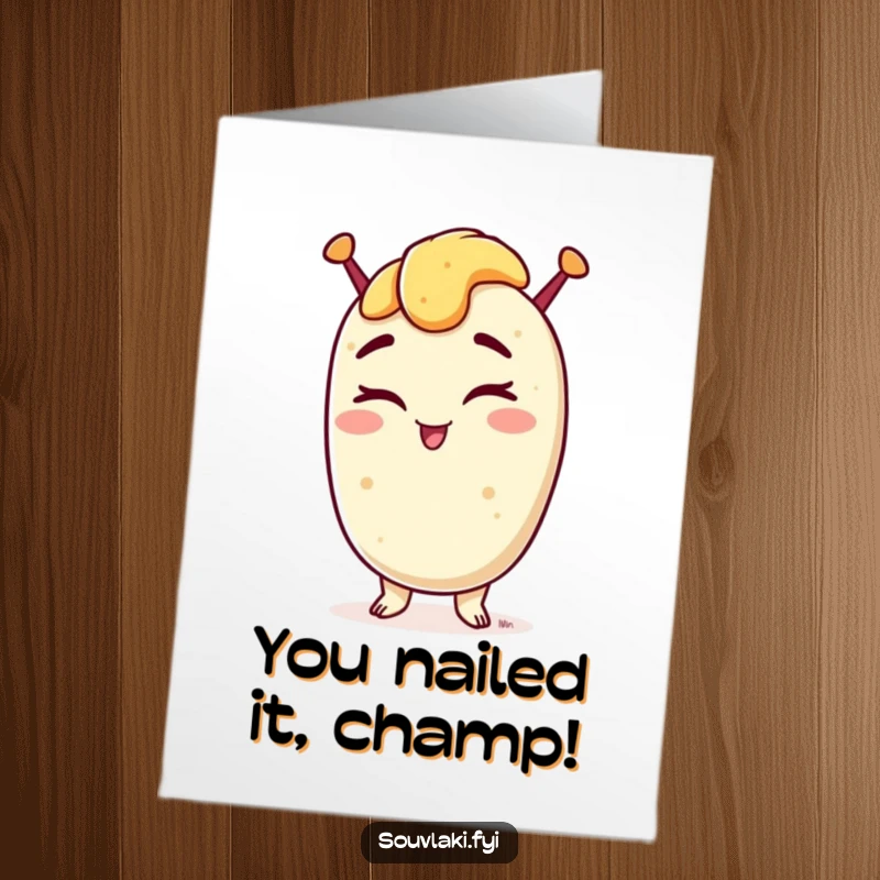 Funny free printable congratulations card: a confident souvlaki winks with a grin, celebrating achievements with a cool, cheeky vibe.