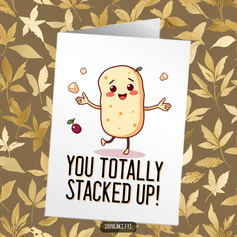 Funny Free Printable Congratulations Card: Dancing pita bread character juggling olives and feta cheese, a delightful celebration of success.