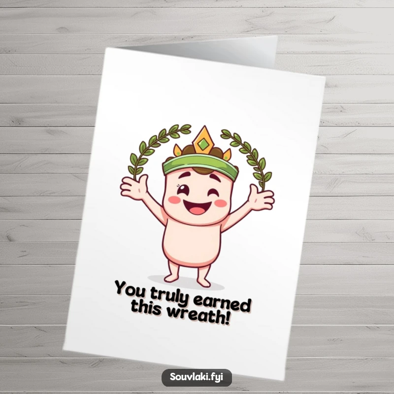 Funny Free Printable Congratulations Card: a souvlaki skewer character proudly embracing a laurel wreath with open arms.