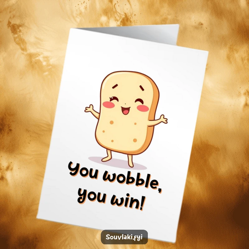 Funny Free Printable congratulations card with a pita bread character doing a comical wobble dance.