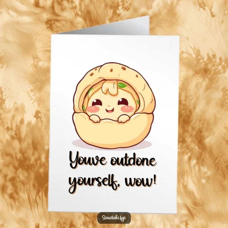 Funny Free Printable Congratulations Card: Giggling spanakopita character peeks from its puff pastry shell, celebrating your success.