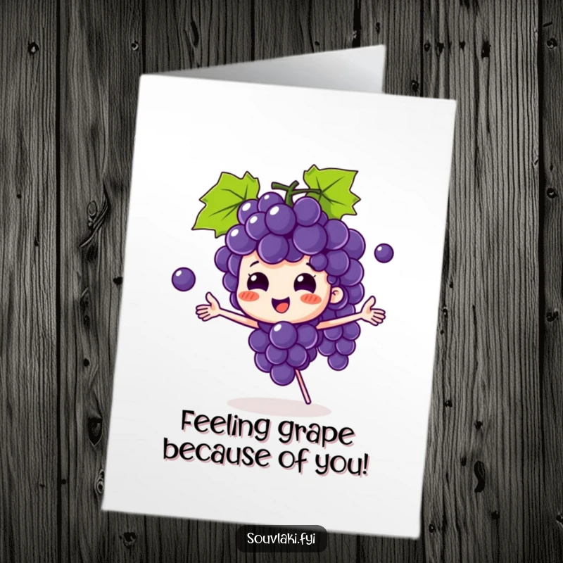 Funny Free Printable Thank You Card: Playful grape bunch character juggling grapes, sending thanks with a twist.