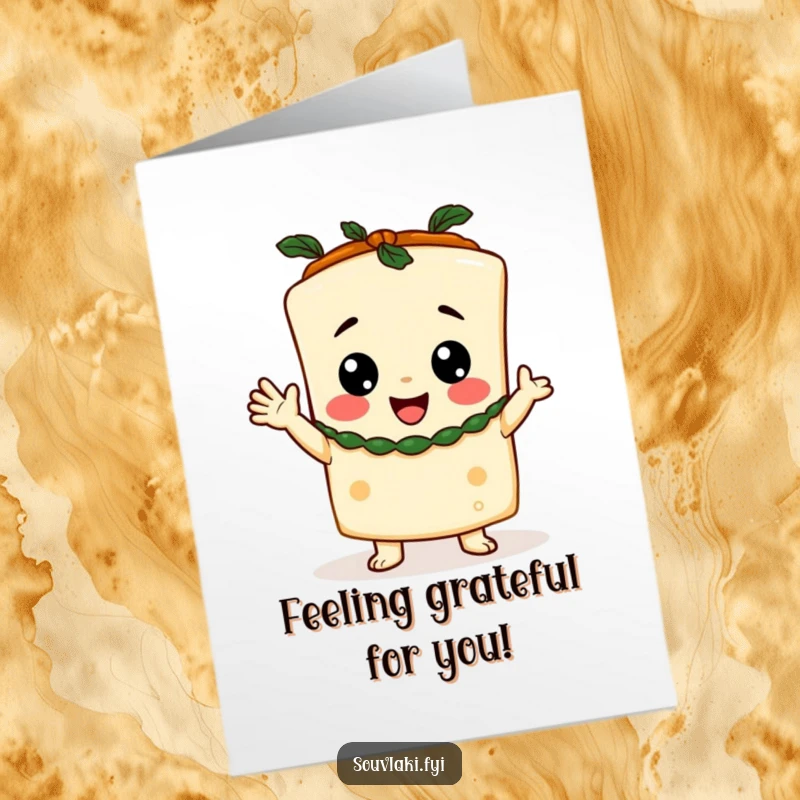 Funny Free Printable thank you card of a happy feta cheese character wearing a toga and cheering with gratitude.