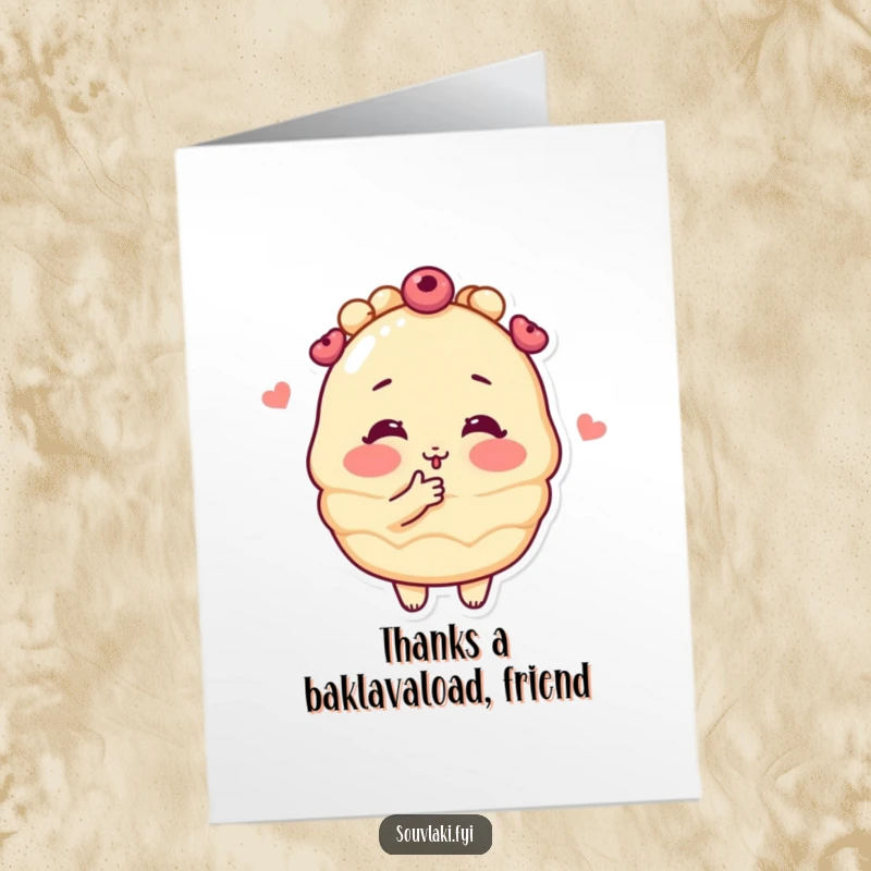 Funny Free Printable Baklava Thank You Card: A blushing baklava character blows a sweet kiss to express gratitude.