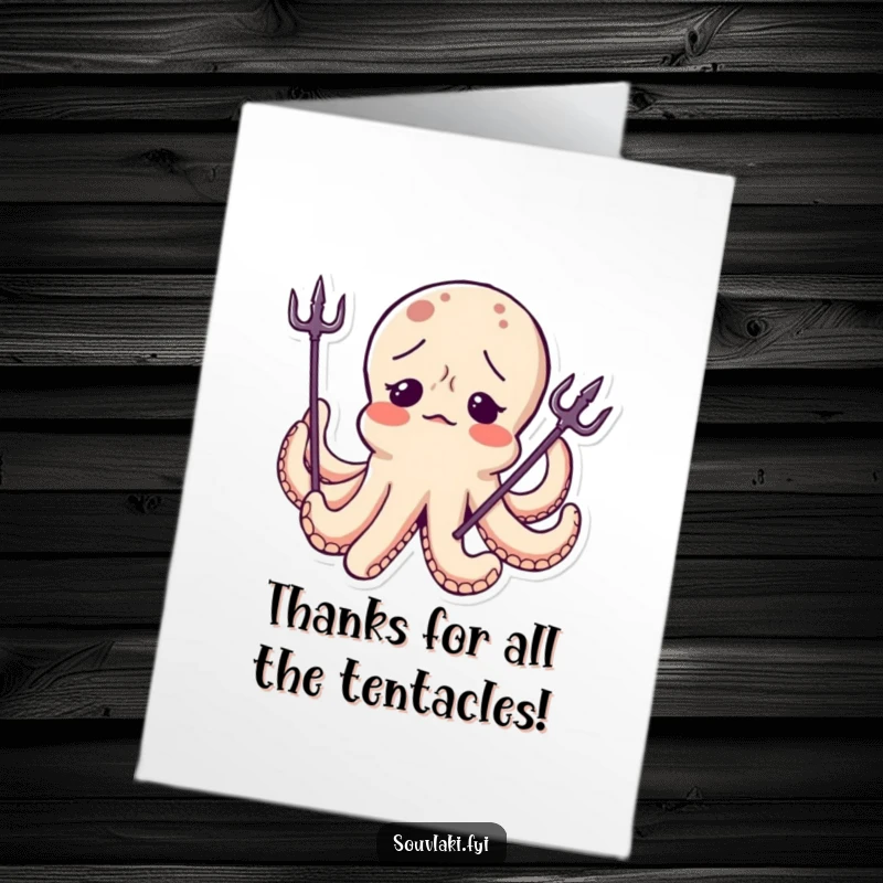 Funny Free Printable Thank You Card: A confused octopus character with a tiny trident worn crookedly.