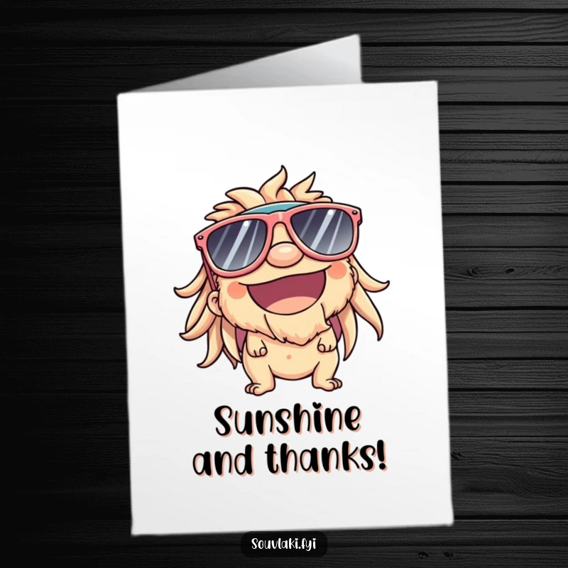 Funny Free Printable Thank You Card: A souvlaki character in cool sunglasses gives a big, sunny smile, expressing thanks.