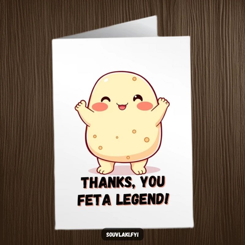 Funny Free Printable Thank You Card: A proud feta cheese character performs a chest bump, offering thanks.