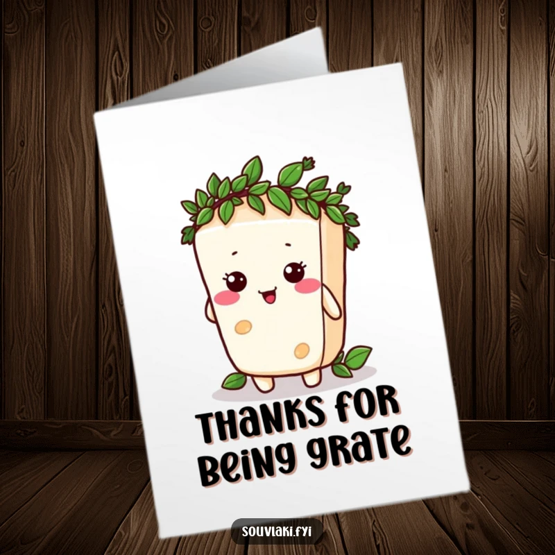 Funny Free Printable Thank You Card: Silly feta cheese character comically trying to wear a tiny laurel wreath, offering thanks humorously.