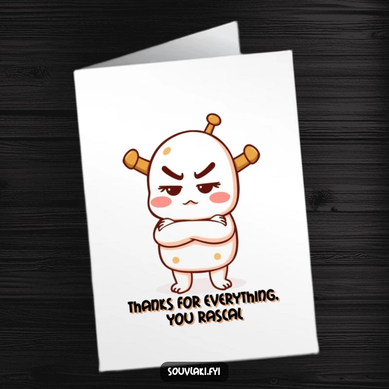 Funny free printable thank you card: a souvlaki with arms crossed and a mischievous expression, thanking you with a playful attitude.