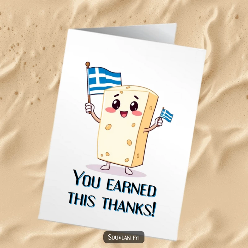 Funny Free Printable Thank You Card: Proud feta cheese character stands tall with a small Greek flag, a spirited thank you.