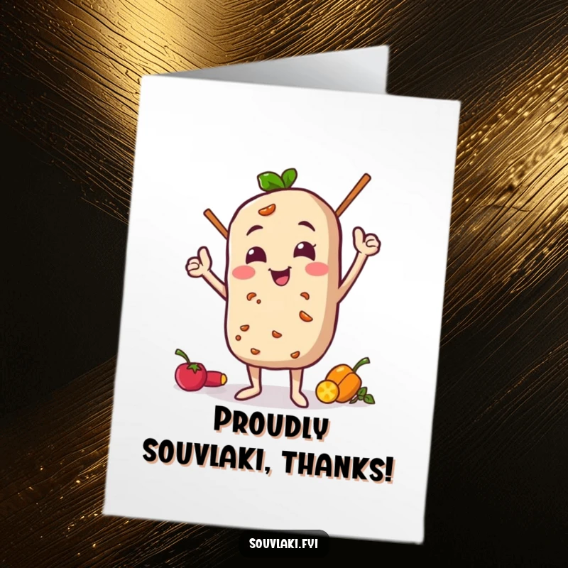 Funny free printable thank you card: A souvlaki character doing a proud pose with its ingredients, showing thanks with culinary confidence.