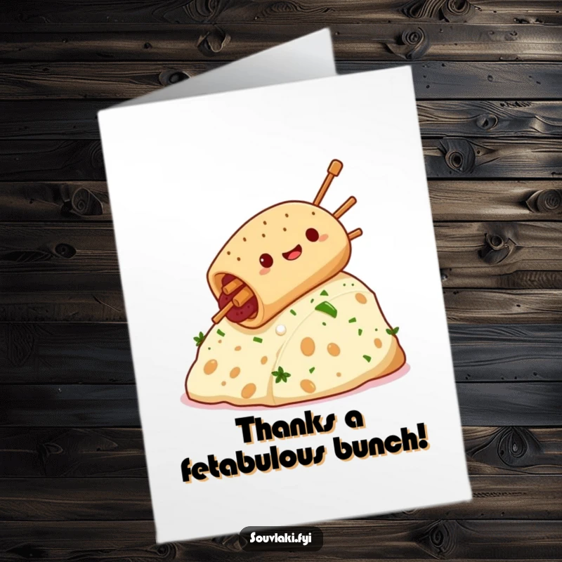 Funny free printable thank you card depicting a giddy souvlaki sliding down a feta cheese hill.