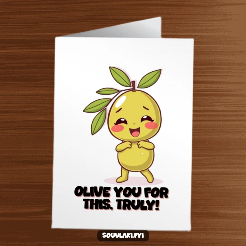 Funny Free Printable Thank You Card: Giggling olive character doing a silly dance, sending thanks with rhythm.