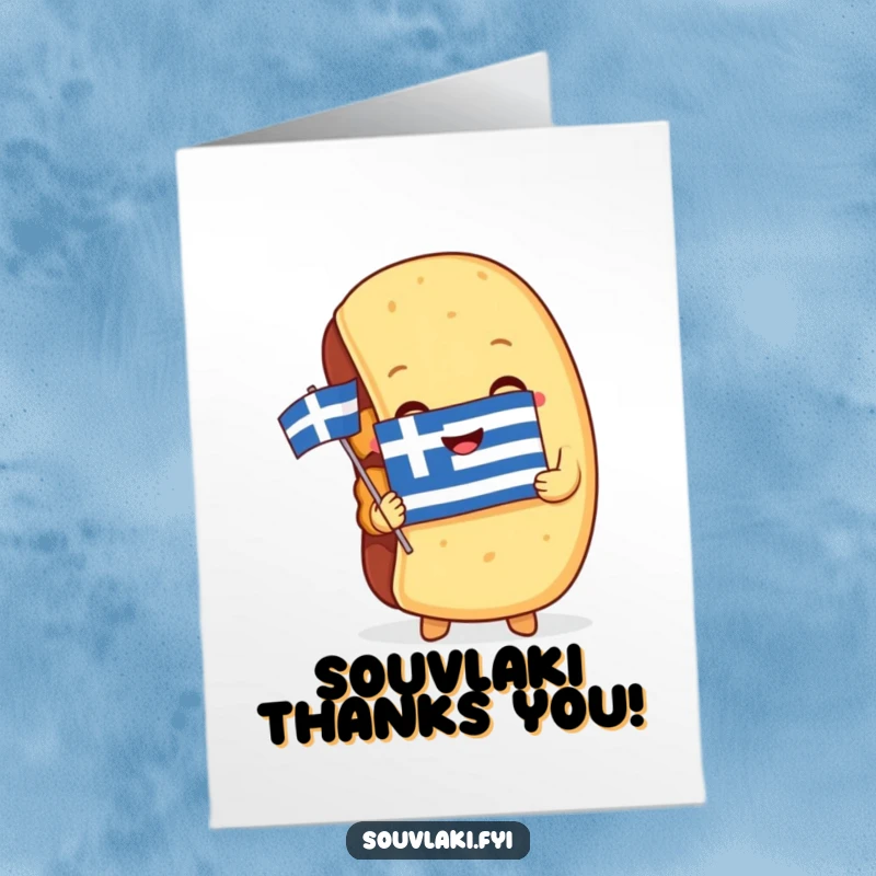 Funny Free Printable Thank You Card: A delighted souvlaki character hugging a Greek flag, conveying warm thanks.