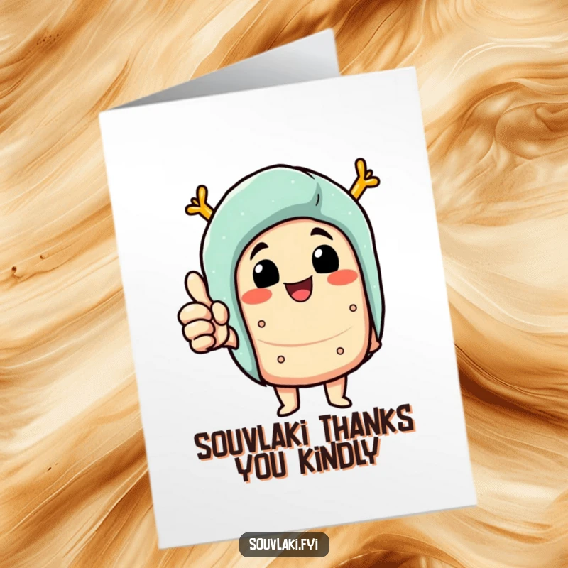 Funny free printable thank you card: A delighted souvlaki character giving a thumbs up, expressing thanks with culinary enthusiasm.