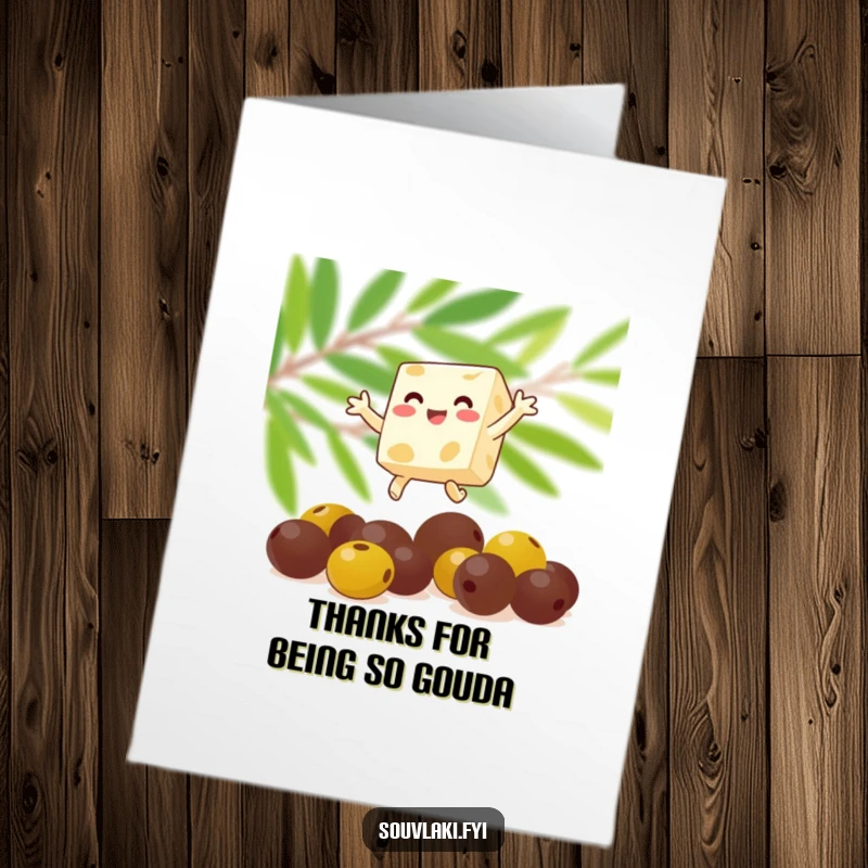 Funny free printable thank you card of a feta cheese cube happily leaping over olives.