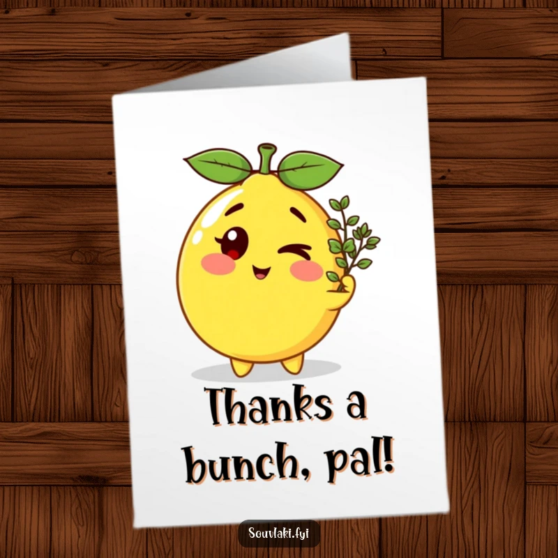Funny free printable thank you card with a winking lemon character offering a tiny oregano sprig, expressing thanks with a playful wink.