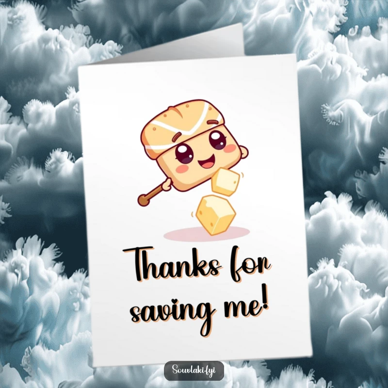 Funny Free Printable Thank You Card: Souvlaki skewer giggling and dodging feta cheese playfully.