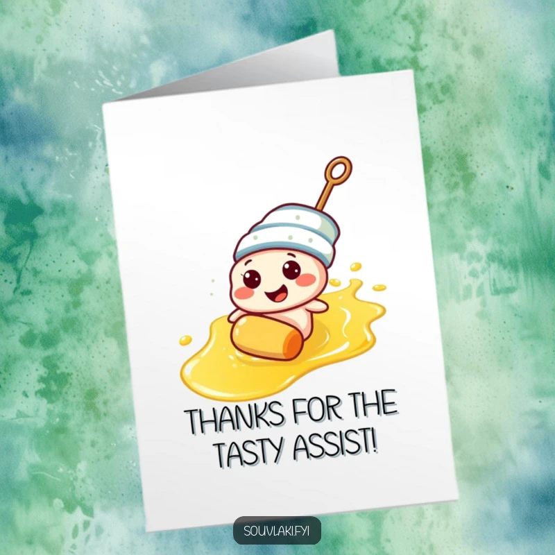 Funny Free Printable Thank You Card: Cheerful souvlaki skewer character sliding down a slick of olive oil.