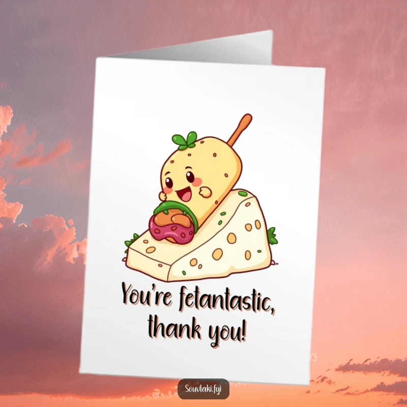 Funny Free Printable Thank You Card: Giddy souvlaki character joyfully sliding down a generous hill of crumbled feta cheese.