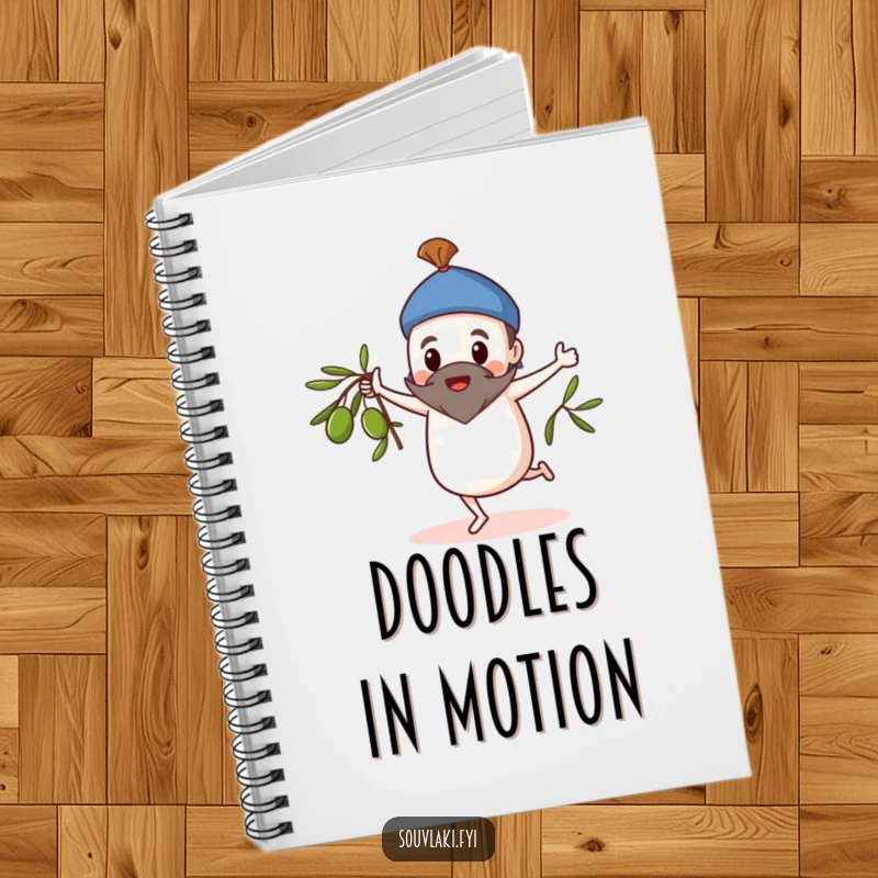 Funny Notebook: Souvlaki character in a whimsical dance, spinning an olive branch while writing notes.