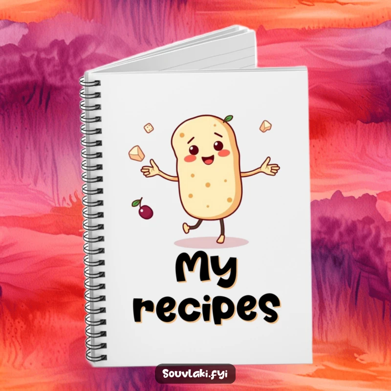 Funny notebook with a dancing pita bread character with tiny arms, juggling miniature olives and feta cheese, perfect for noting fun ideas.