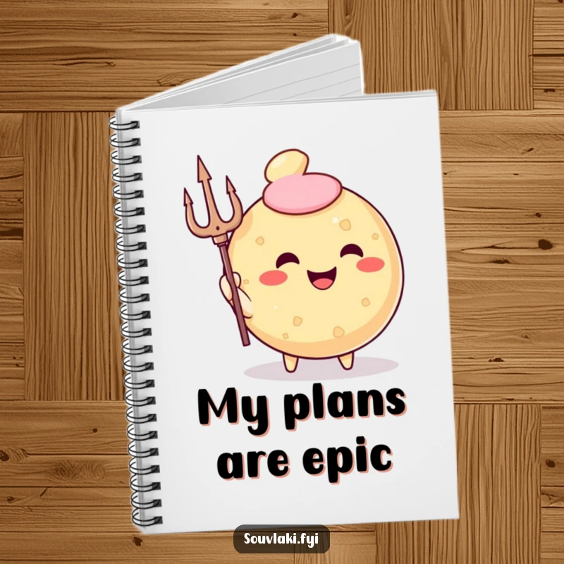 Funny Notebook with a smiling, round fried pastry character holding a trident on the cover, inspiring great ideas.