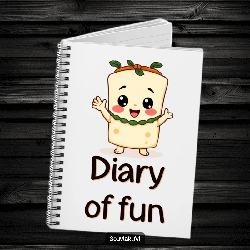 Funny Notebook cover with a happy feta cheese character in a toga, giving a cheer, inspiring bright ideas.
