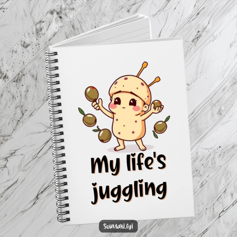 Funny notebook with a souvlaki character comically juggling olives, perfect for jotting down recipes and notes with a humorous touch.