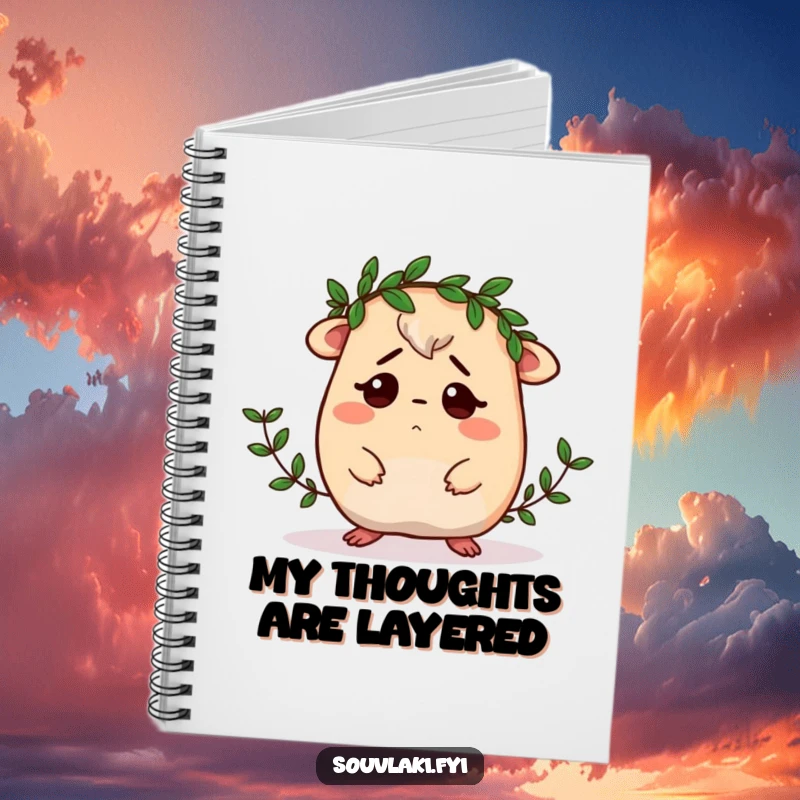 Funny Moussaka Notebook: A confused moussaka character is illustrated struggling with a tiny laurel wreath, perfect for jotting down humorous notes.