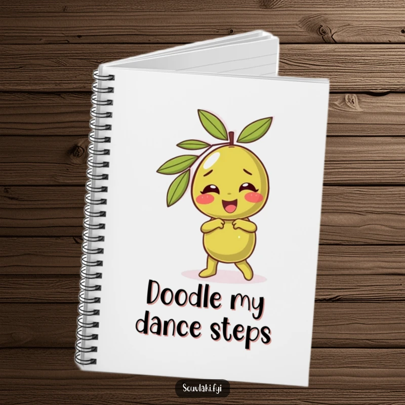 Funny olive notebook with a giggling character performing a silly dance, inspiring creative thoughts and lighthearted writing.