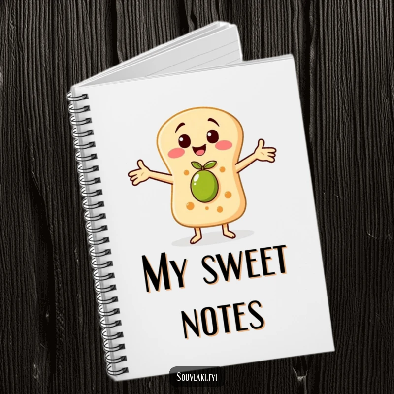 Funny notebook with a cheerful pita bread character embracing a tiny olive, perfect for jotting down warm thoughts and notes.