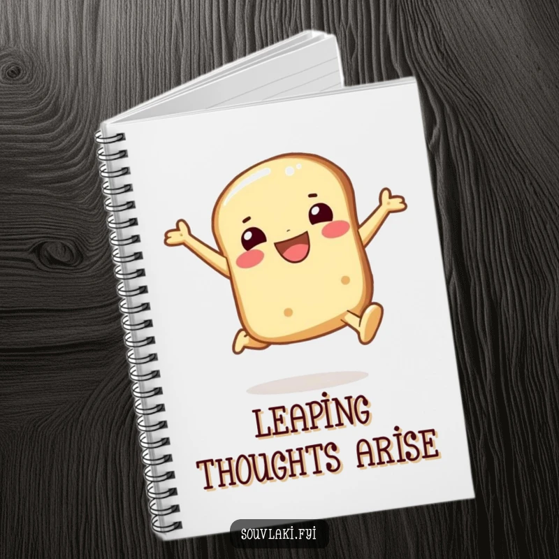 Funny pita bread notebook with a smiling character in a joyful leap, inspiring cheerful ideas and lighthearted notes.