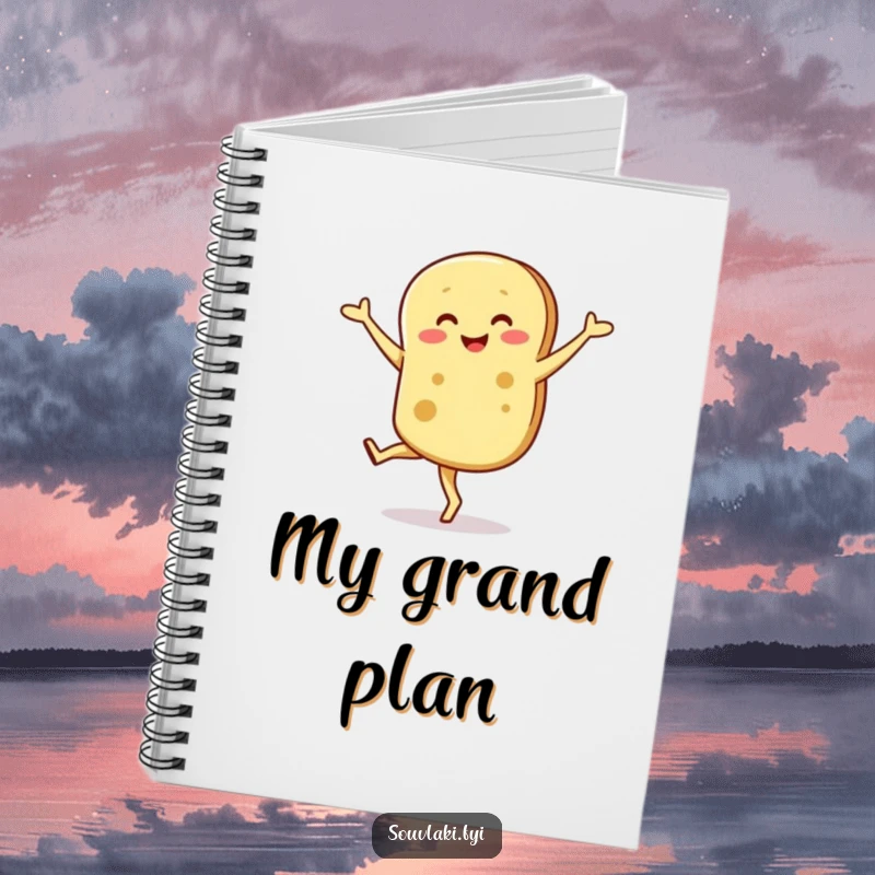 Funny notebook with a smiling pita bread character caught in a hilariously graceful, wobbly pirouette.