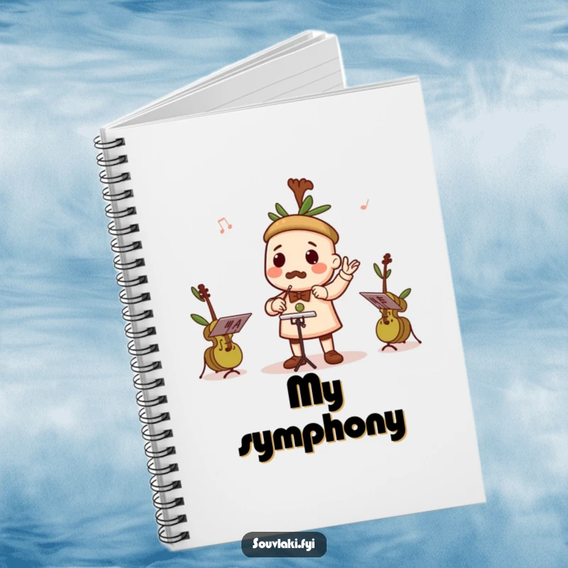 Funny notebook featuring a souvlaki character conducting a tiny orchestra of olives playing instruments.