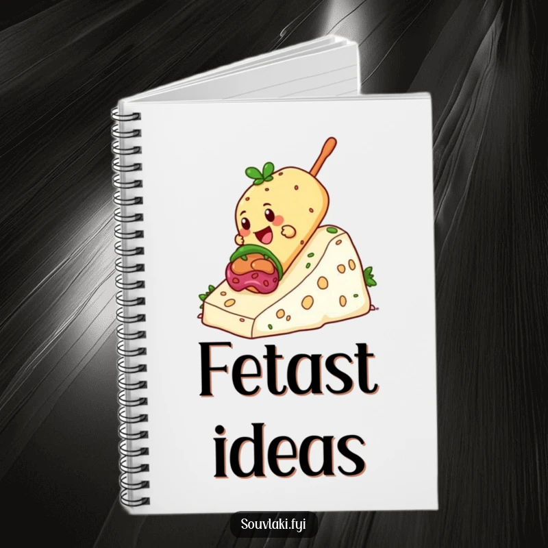 Funny Souvlaki Notebook with a giddy souvlaki sliding down a hill of feta cheese, ideal for jotting down cheesy ideas.