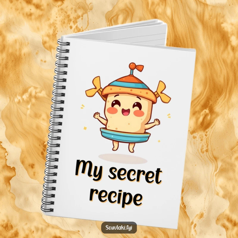 Funny notebook cover featuring a souvlaki perfecting a mini gyros, inspiring humorous recipes and culinary notes.
