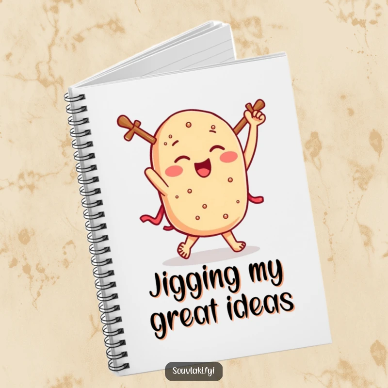 Funny souvlaki notebook, a winking Greek skewer jiggles with joy, perfect for jotting down notes and food ideas.