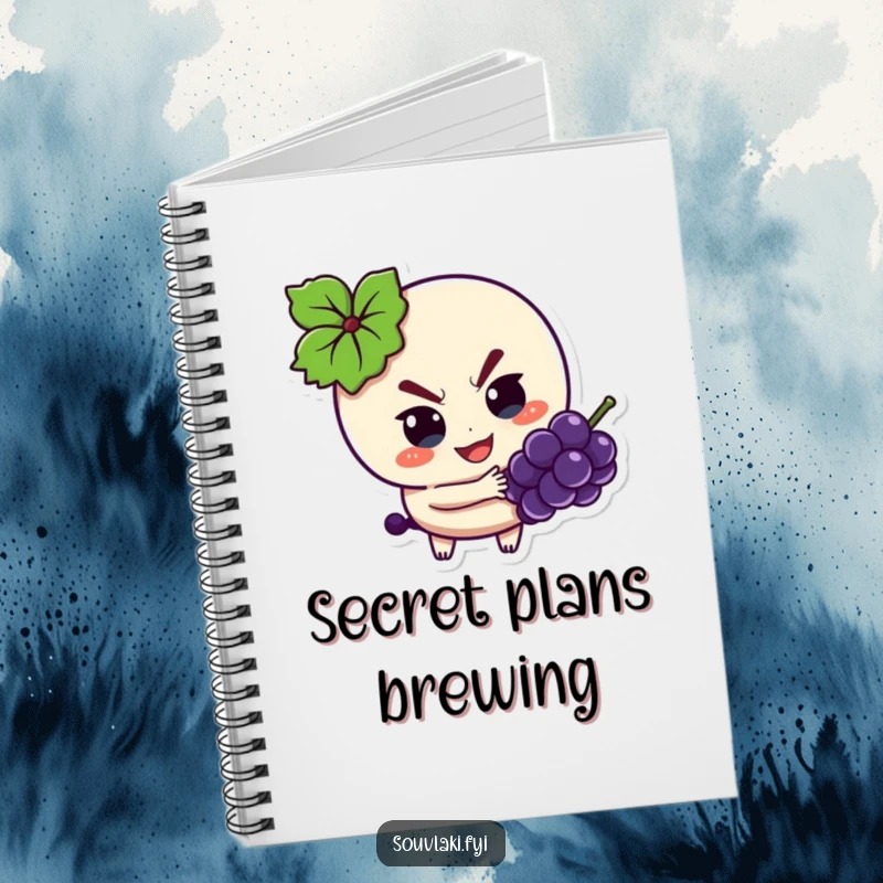 Funny Notebook: Souvlaki character with a mischievous look, sneakily taking a grape while writing.