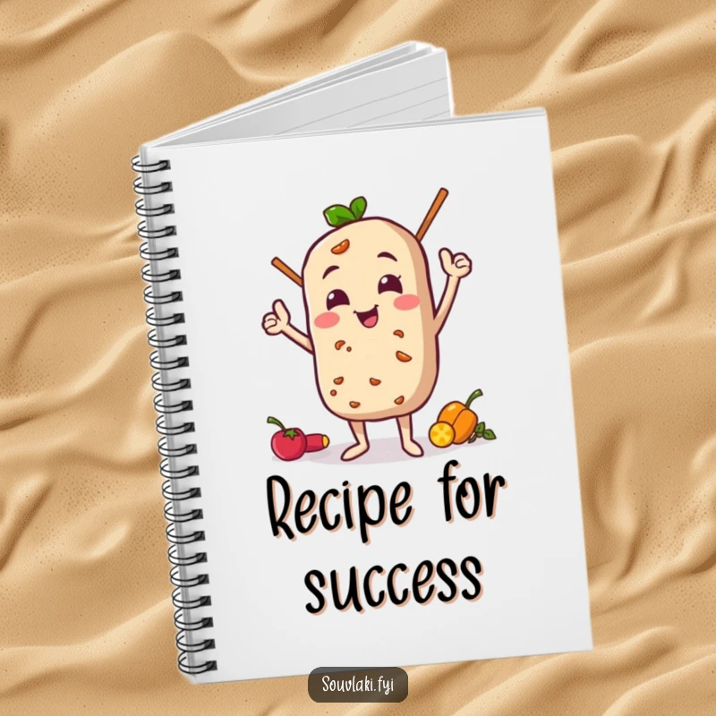 Funny Notebook: Souvlaki character doing a funny, proud pose with its ingredients, perfect for jotting down culinary ideas.
