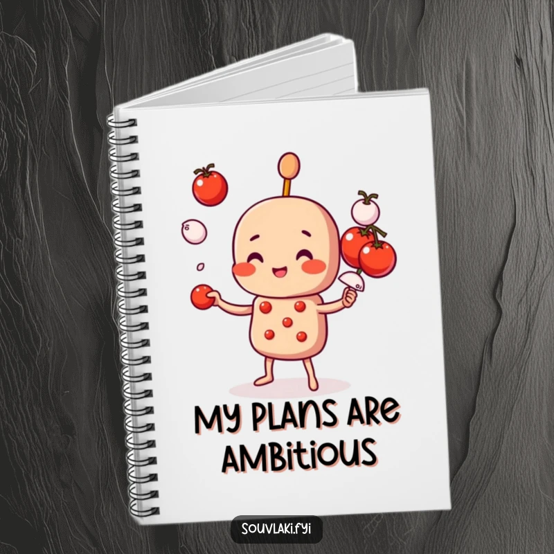 Funny Notebook: A souvlaki skewer juggles ingredients, ready for your recipes. Humorous stationery.