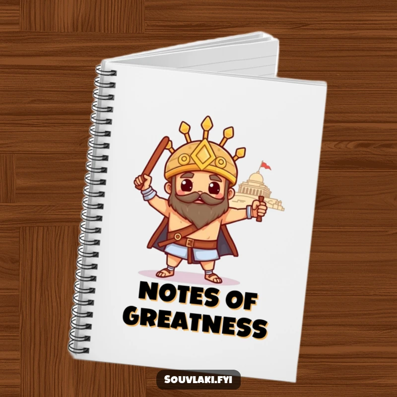 Funny souvlaki notebook, a proud Greek skewer strikes a heroic pose with a temple, perfect for notes and plans.