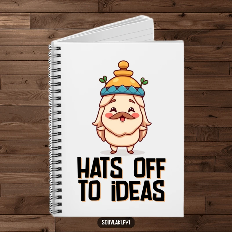 Funny souvlaki notebook with a happy Greek food character wearing an amphora hat, perfect for jotting down ideas with historical humor.