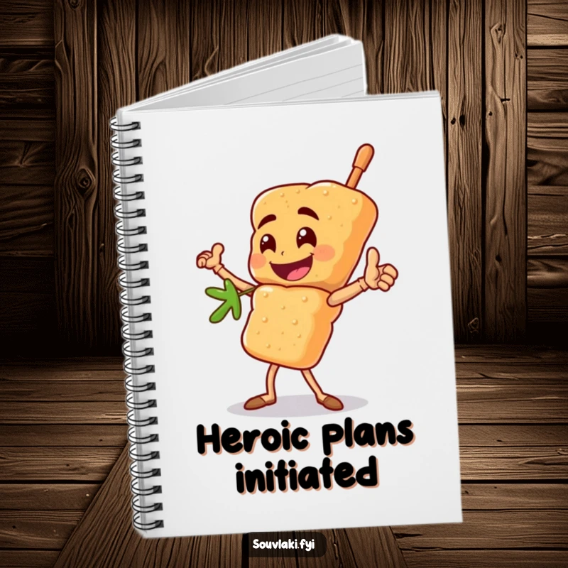 Funny souvlaki skewer notebook with a happy character striking a heroic pose, perfect for jotting down heroic ideas gift.