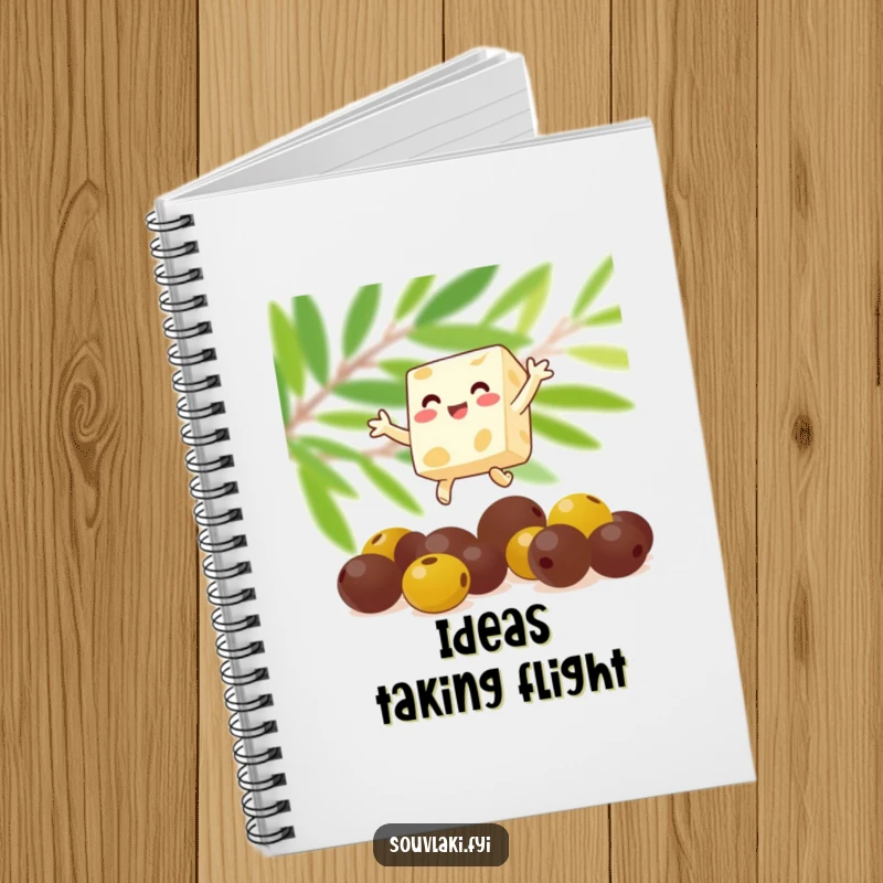 Funny feta cheese cube leaping enthusiastically on a notebook cover. Perfect for notes and lists, a delightful funny gift.