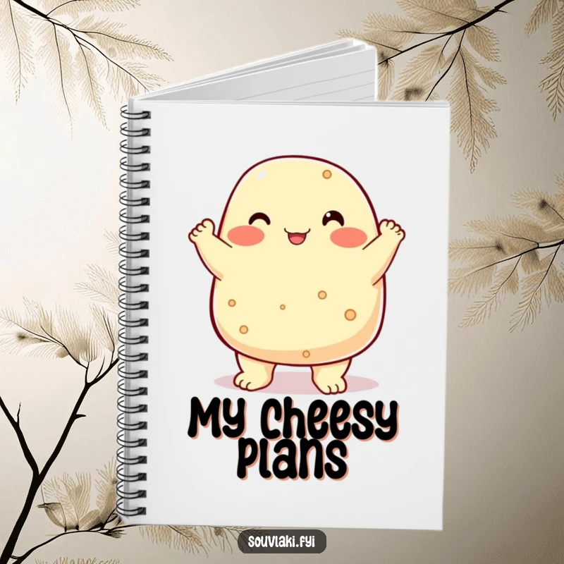 Funny chubby feta cheese character chest bumping, a proud notebook for your thoughts.