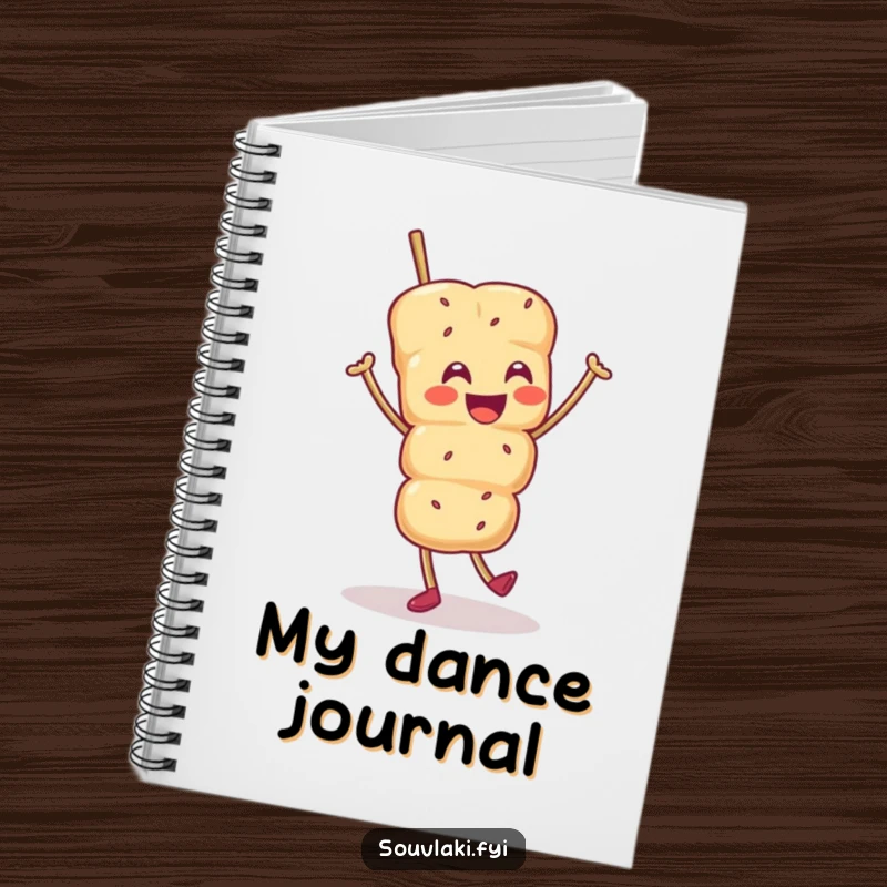 Funny notebook with a smiling souvlaki skewer character doing a joyful jig, perfect for jotting down tasty ideas and notes.